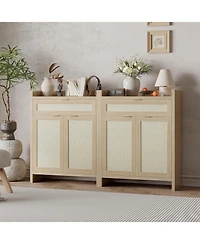 gaomon 32” boho rattan shoe cabinet with doors and drawer, adjustable shelf, and wood finish—ideal as a coffee bar or accent console.