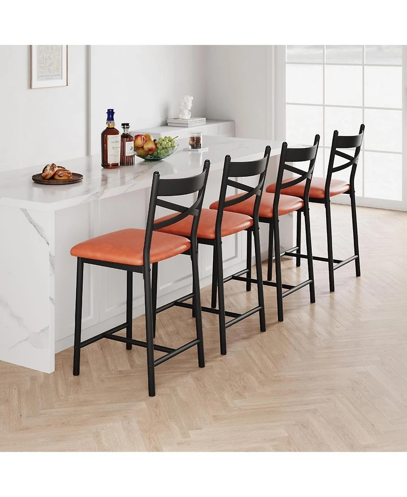 gaomon Set of 4 22" Bar Stools, Counter Height, Pu Upholstered Seat, Metal Frame, X-Back, for Kitchen Island