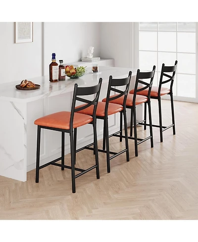 gaomon Set of 4 22" Bar Stools, Counter Height, Pu Upholstered Seat, Metal Frame, X-Back, for Kitchen Island