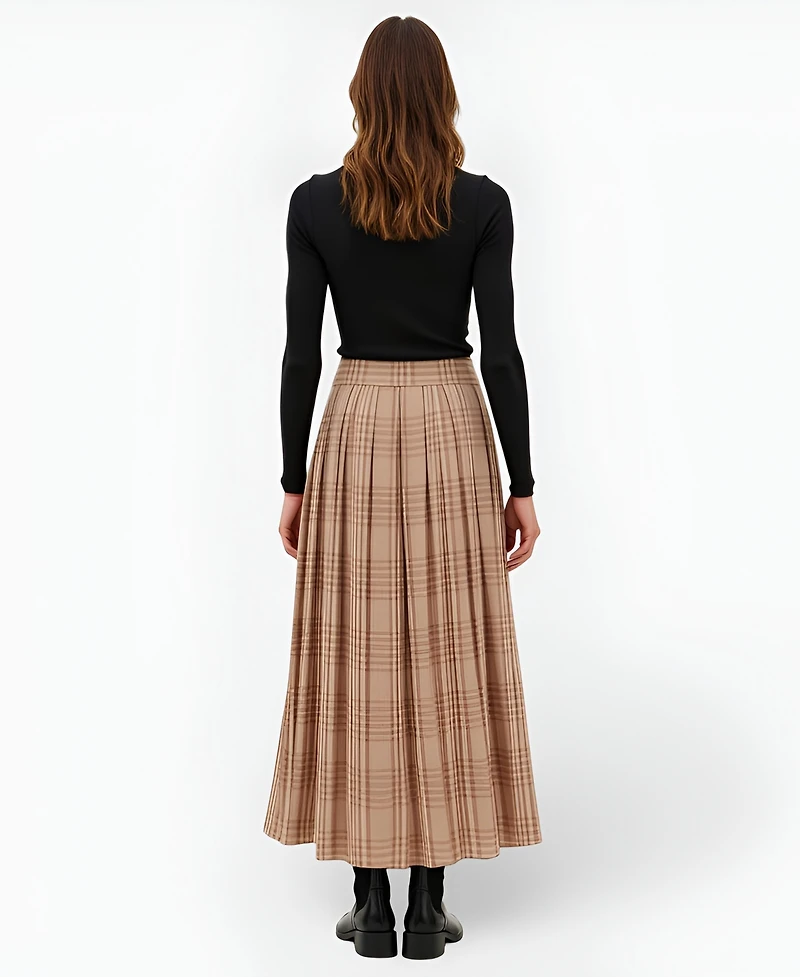 Modenaire Women's Plaid Pleated Maxi Skirt