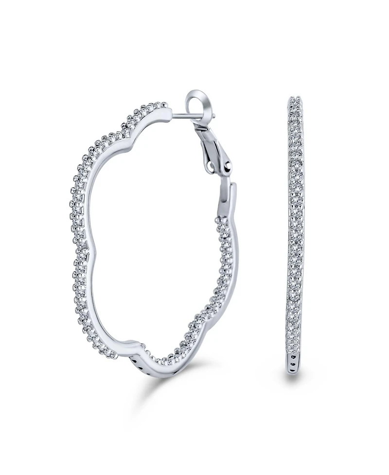 Bling Jewelry Flower Shaped Inside Out Pave Cz Clover Hoop Earrings Gold Silver Plated 1.5 Inch