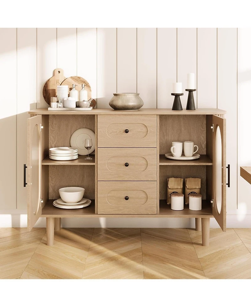 gaomon Sideboard with Fluted Glass Doors and 3 Drawers with Adjustable Shelves for Kitchen