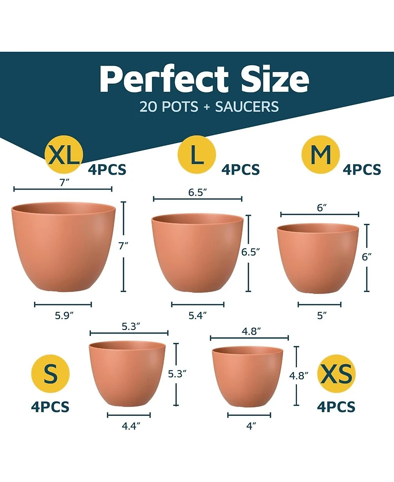 Terracotta plant pots 20 pack with drainage holes & saucers, stackable and weatherproof for indoor and outdoor plants & flowers pots set.