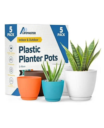 Multicolor Plant Pots 5 Pack with Drainage Holes & Saucers, Stackable Indoor & Outdoor Planters for Houseplants & Flowers, Durable & Weatherproof.