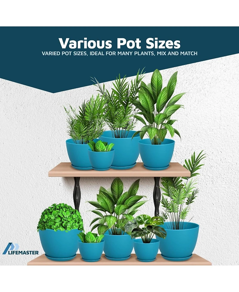 Lifemaster Blue Plant Pots 3 Pack with Drainage Holes & Saucers, Stackable Indoor & Outdoor Planters for Houseplants & Flowers, Durable & Weatherproof