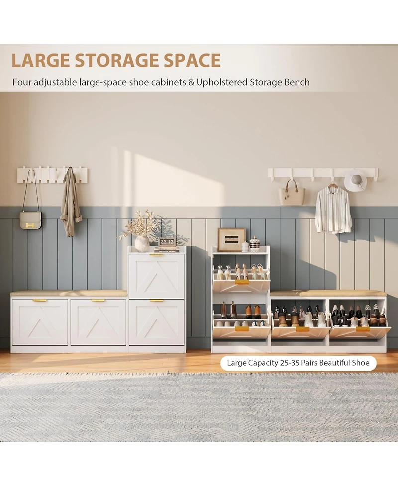 gaomon Farmhouse Freestanding Shoe Cabinet with Cushioned Bench and 4 Flip Drawers