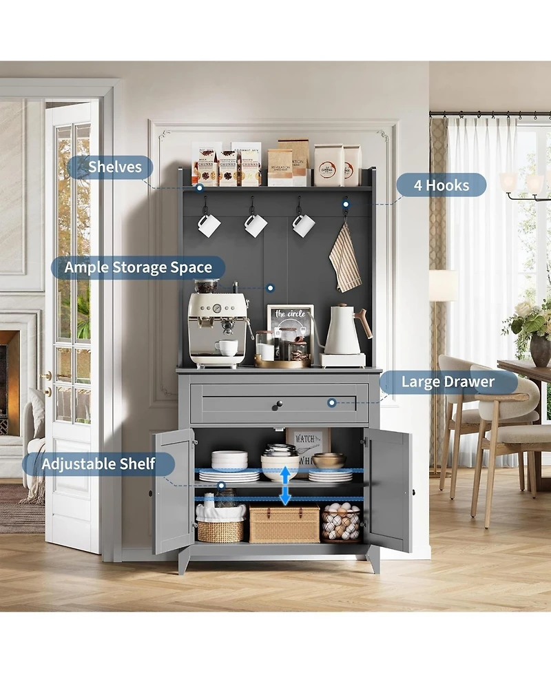 gaomon 63" Pantry Cabinet with 4 Hooks, Kitchen Storage Charging Station, Coffee Bar Table for Living Room, Dining 1 Large Dra