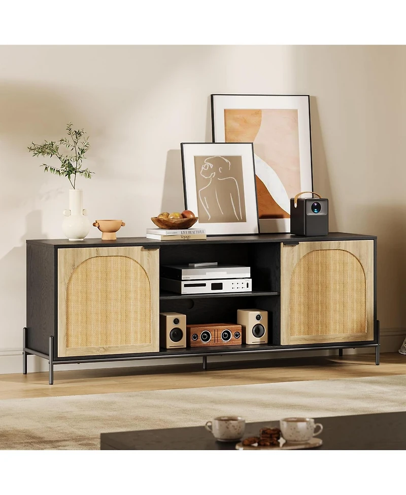 gaomon Rattan Tv Stand for 75" Tv, 65" Console Table with Metal Legs, Media Cabinet with Storage, 2 Doors