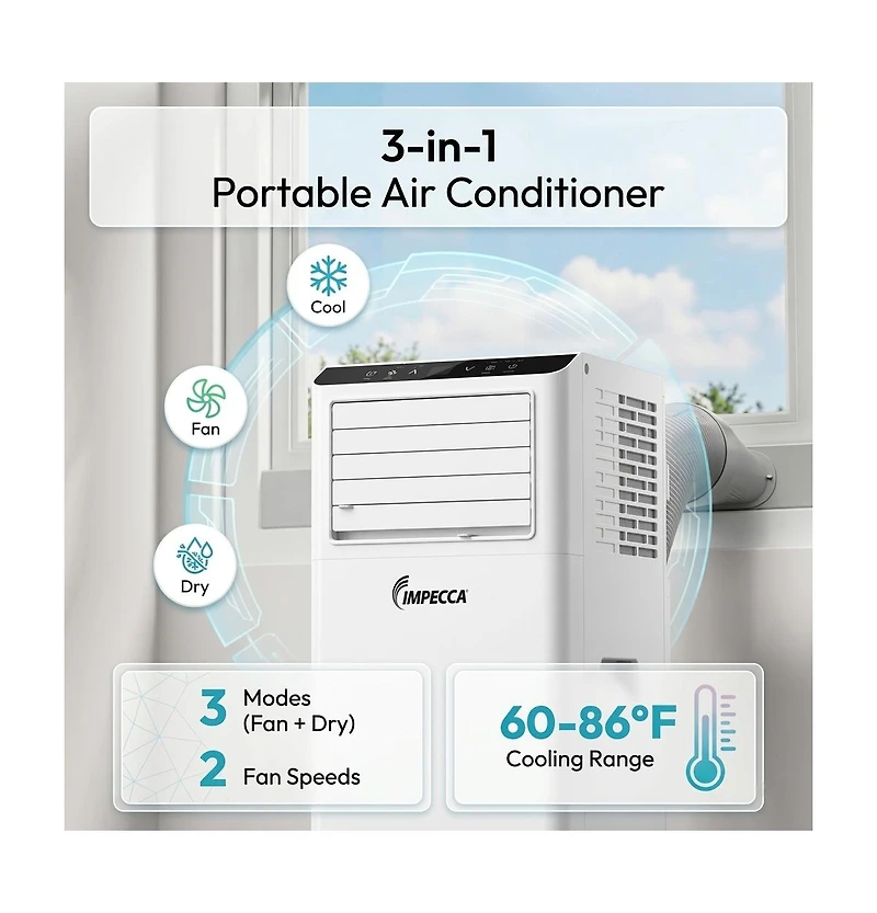 Impecca 8,500/5,100 Btu 3-in-1 Portable Air Conditioner, Cool / Dry / Fan Modes, Remote Control Included