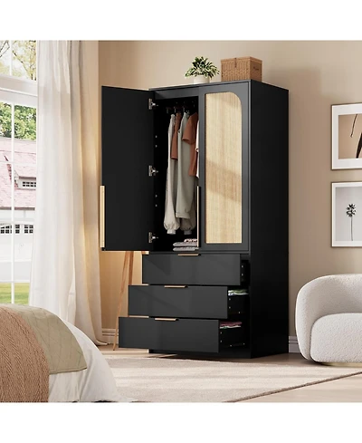 gaomon Armoire Wardrobe Closet with 3 Drawers & 2 Doors, Modern Wooden Cabinets for Hanging Clothes