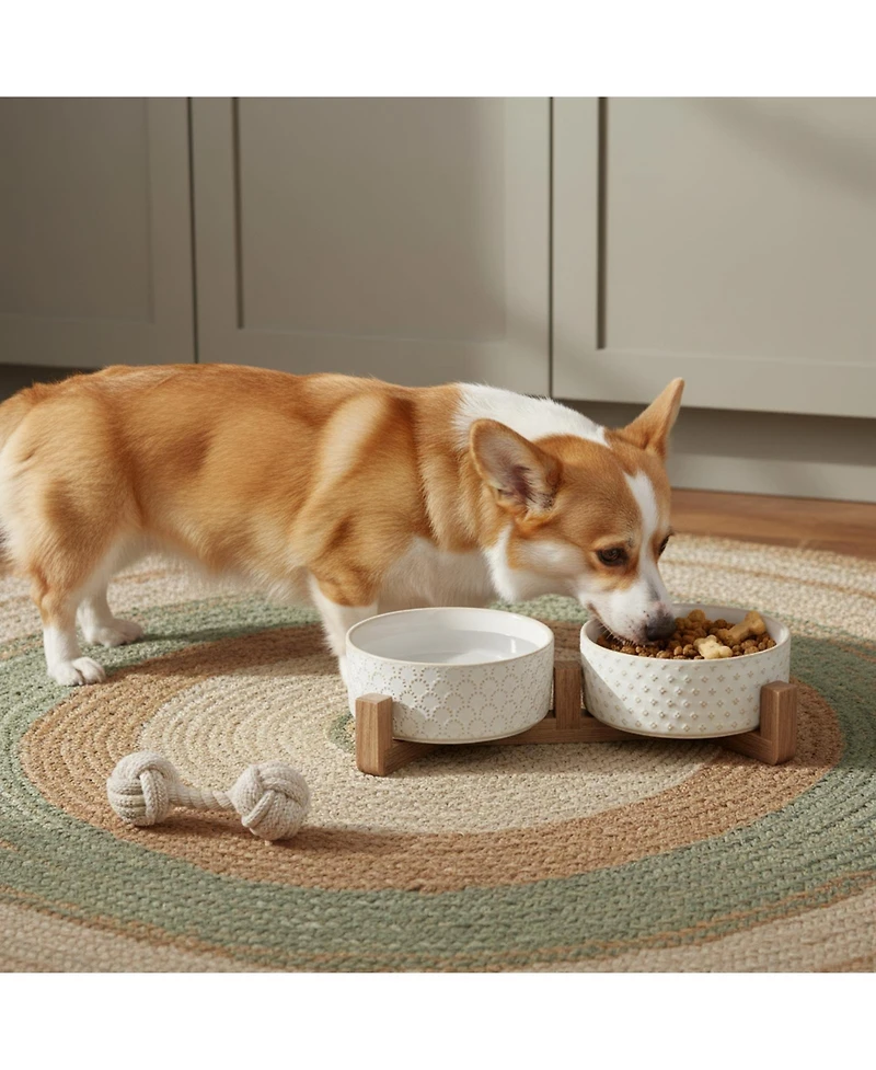 Aronkl Ceramic Dog Bowl Set with Wood Stand Dual Food Water Weighted Non-Slip Base