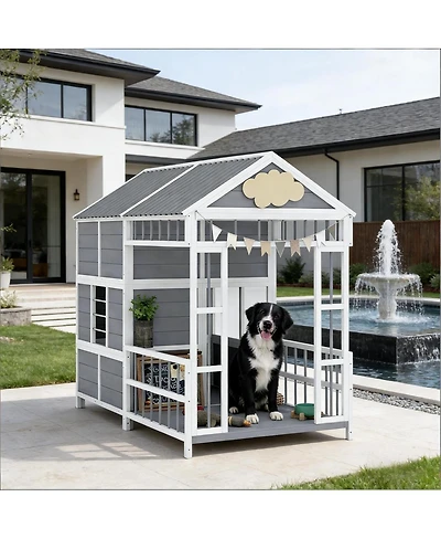 6thdruple Large Outdoor Gray Wooden Dog House with Covered Porch, Waterproof Roof, Elevated Pet Kennel Shelter for Large Dogs