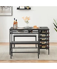 gaomon Dining Table Set for 4, Compact 3-Piece Kitchen Table with 2 Benches, Wine Rack, Storage Shelf
