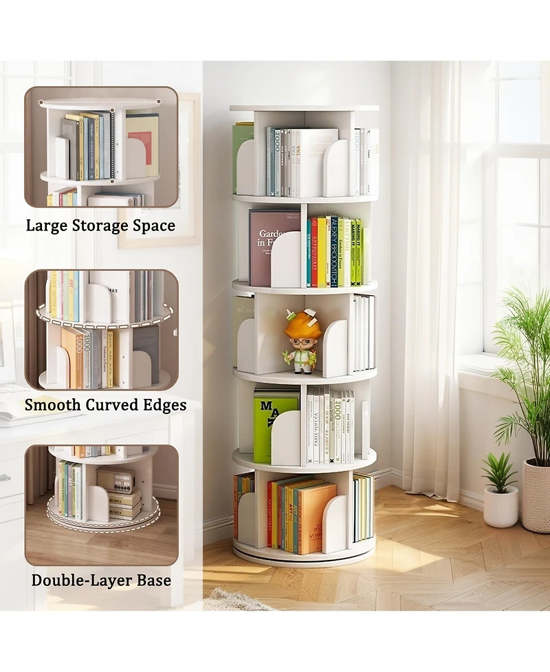Rainsken 5 Tier Wooden Rotating Round Spinning Bookshelf Tower Storage Organizer