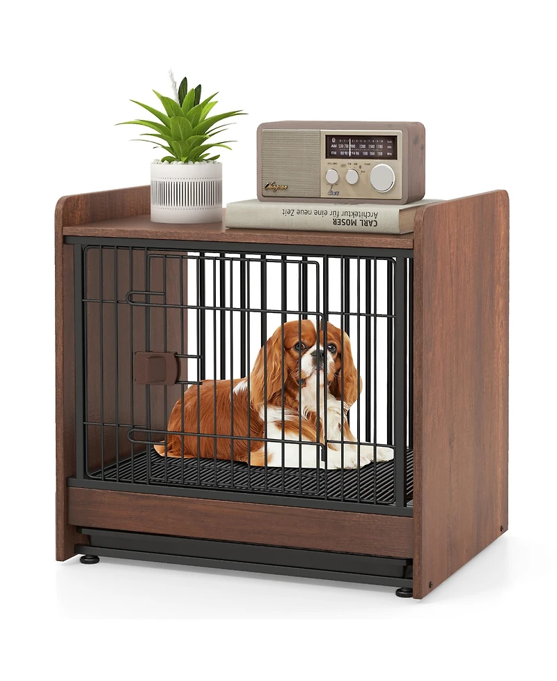 Gymax Dog Cage Furniture w/Removable Tray and Lockable Door Adjustable Foot Pads