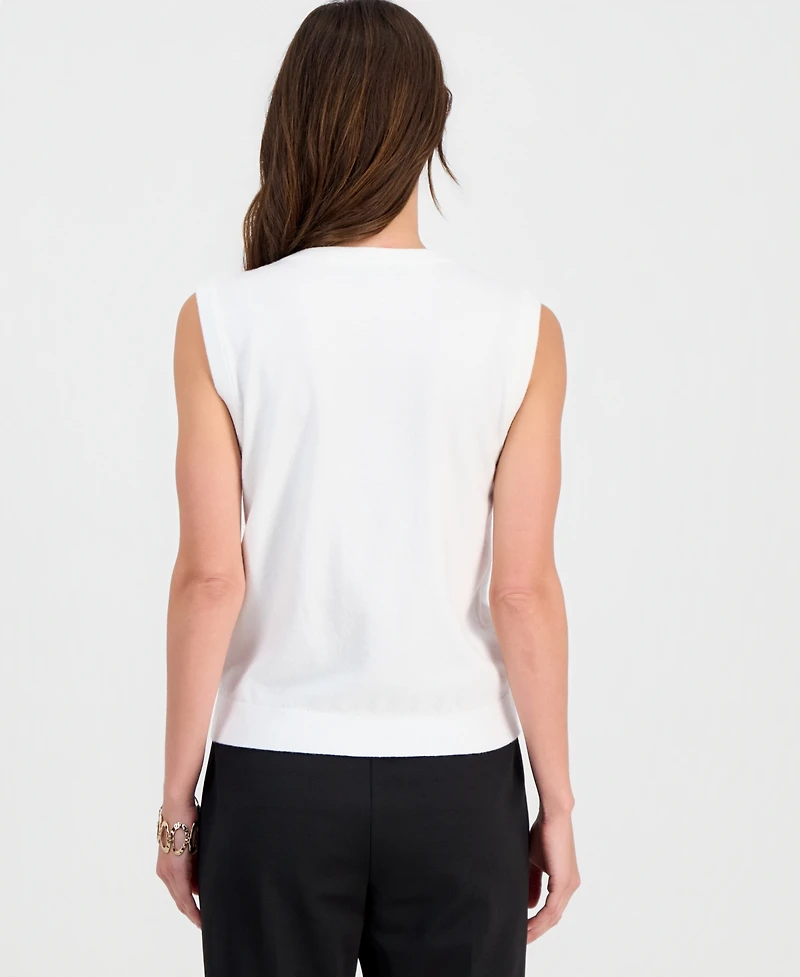 T Tahari Women's Fish-Embroidery Sleeveless Crewneck Top