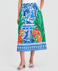 T Tahari Women's Printed Pull-On Flared Midi Skirt