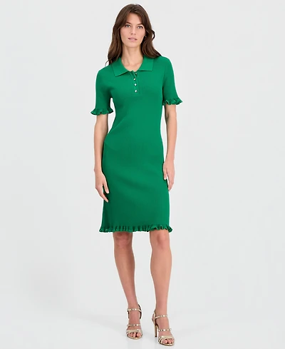 T Tahari Women's Ribbed Ruffle-Trim Dress