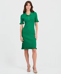 T Tahari Women's Ribbed Ruffle-Trim Dress
