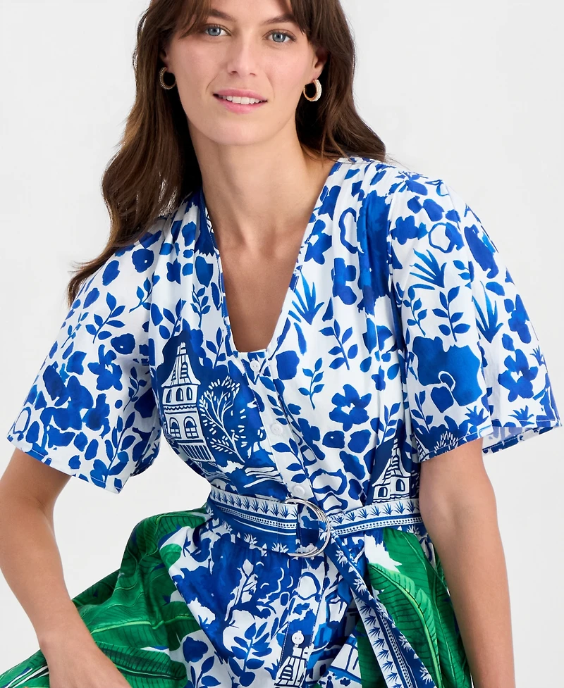 T Tahari Women's Printed Elbow-Sleeve V-Neck Midi Dress