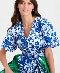 T Tahari Women's Printed Elbow-Sleeve V-Neck Midi Dress