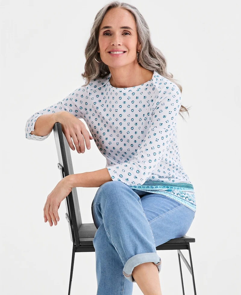 Style & Co Petite Pima Dancing Flora Boat Neck Cotton Top, Macy's Exclusive