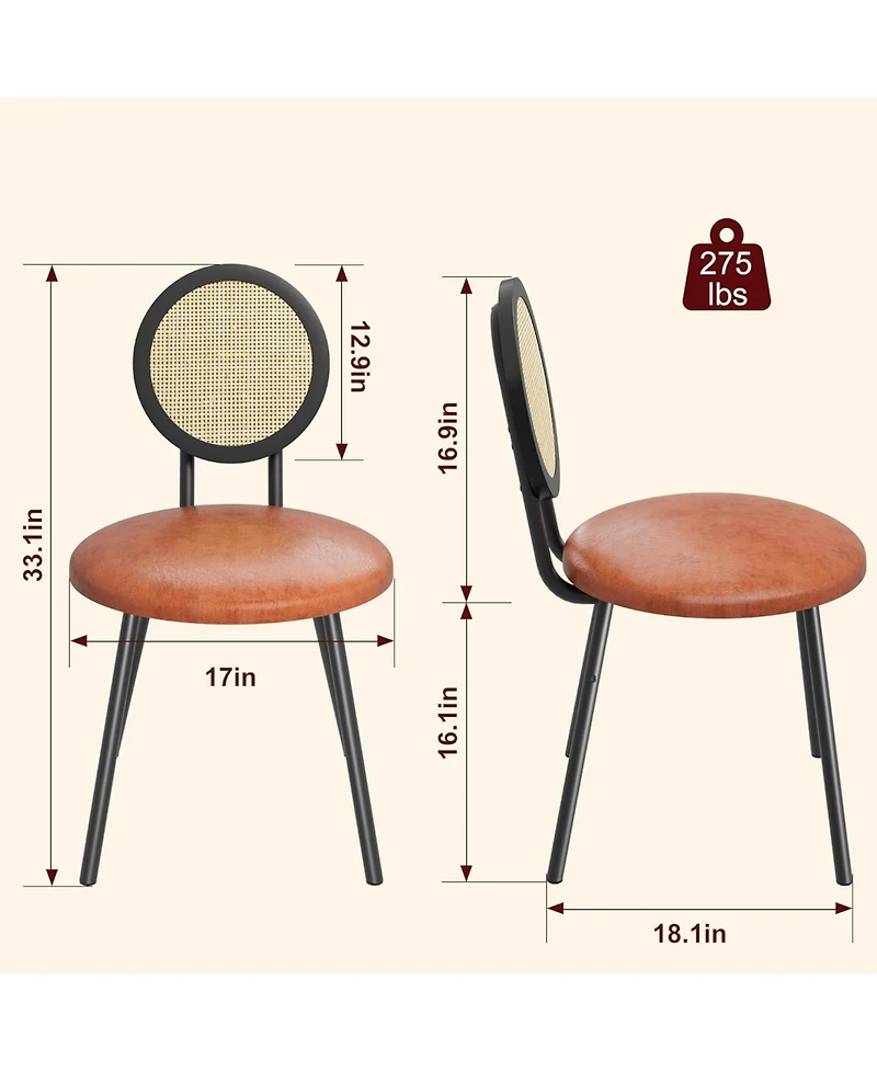 gaomon Set of 2 Rattan Dining Chairs, Modern Upholstered Kitchen Chairs with Solid Metal Legs, Thick Cushions, for Small Spaces