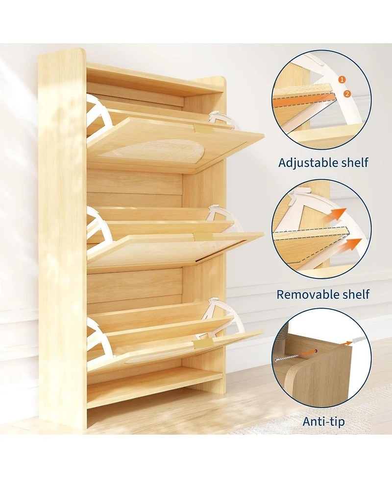 gaomon Rattan Shoe Storage Cabinet Flip Drawers, Free Standing Narrow Shoe Organizer Cabinet with Rattan Doors, Wooden Shoe Rackf