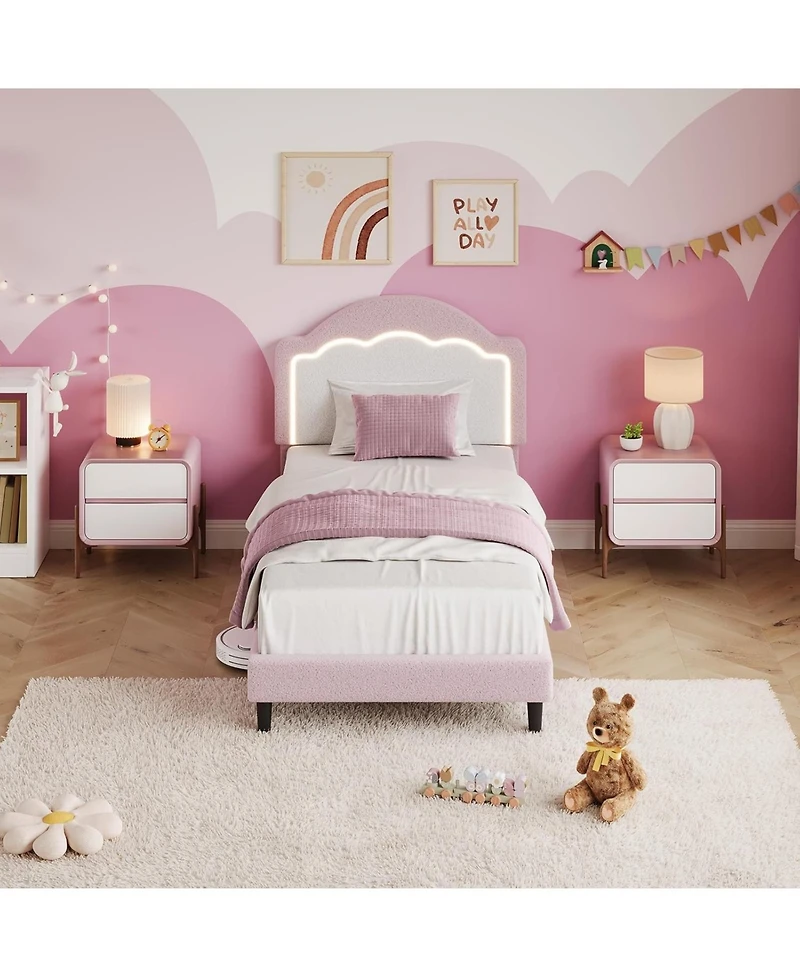 gaomon Twin Kids Upholstered Bed with Led Headboard, Plush Sherpa Fabric, Wooden Slats Support