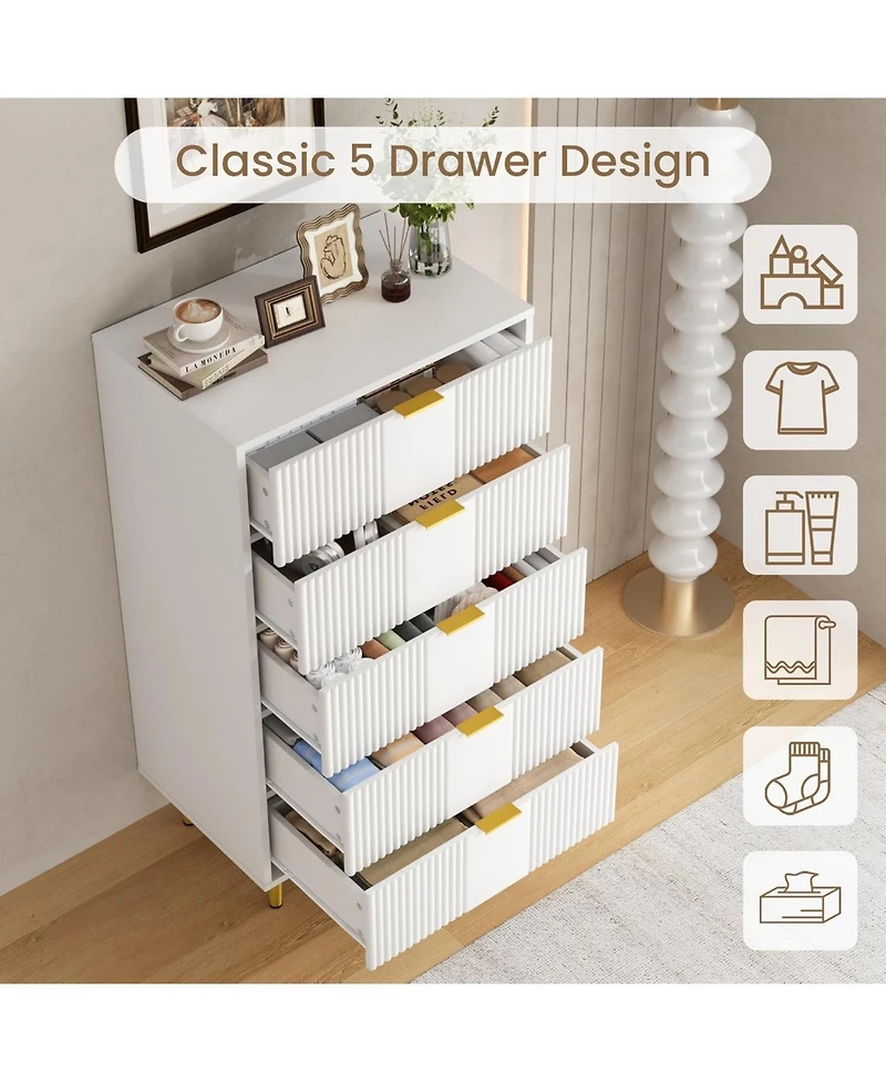 gaomon Fluted 5-Drawer Dresser, Modern Wooden Chest with Metal Handles, Space-Saving Clothes Storage for Bedroom, Living Room, Hallway