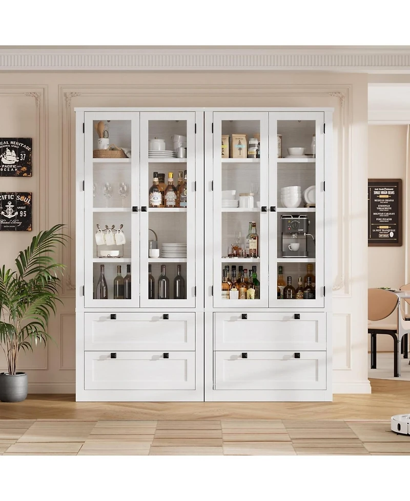 gaomon Tall Kitchen Pantry Cabinet - Modern Display Storage with 2 Large Drawers, Glass Doors, and Adjustable Shelves