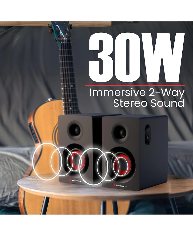 Audiosource 2-Way Bookshelf Speakers, Bluetooth 5.3, 30W Rms Powered Desktop Speakers for Hi-Fi Pc Gaming & Music