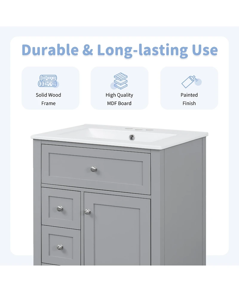 Casainc Modern Bathroom Vanity with Sink 3 Drawers Adjustable Shelf Cabinet