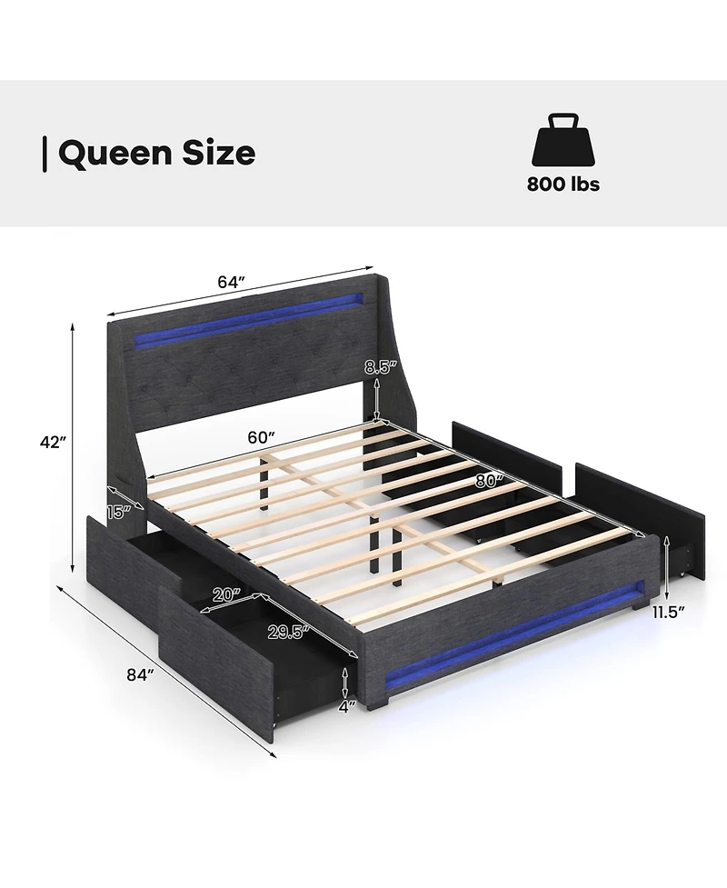 Sugift Queen Size Upholstered Platform Bed Frame with Led Lights and Charging Station