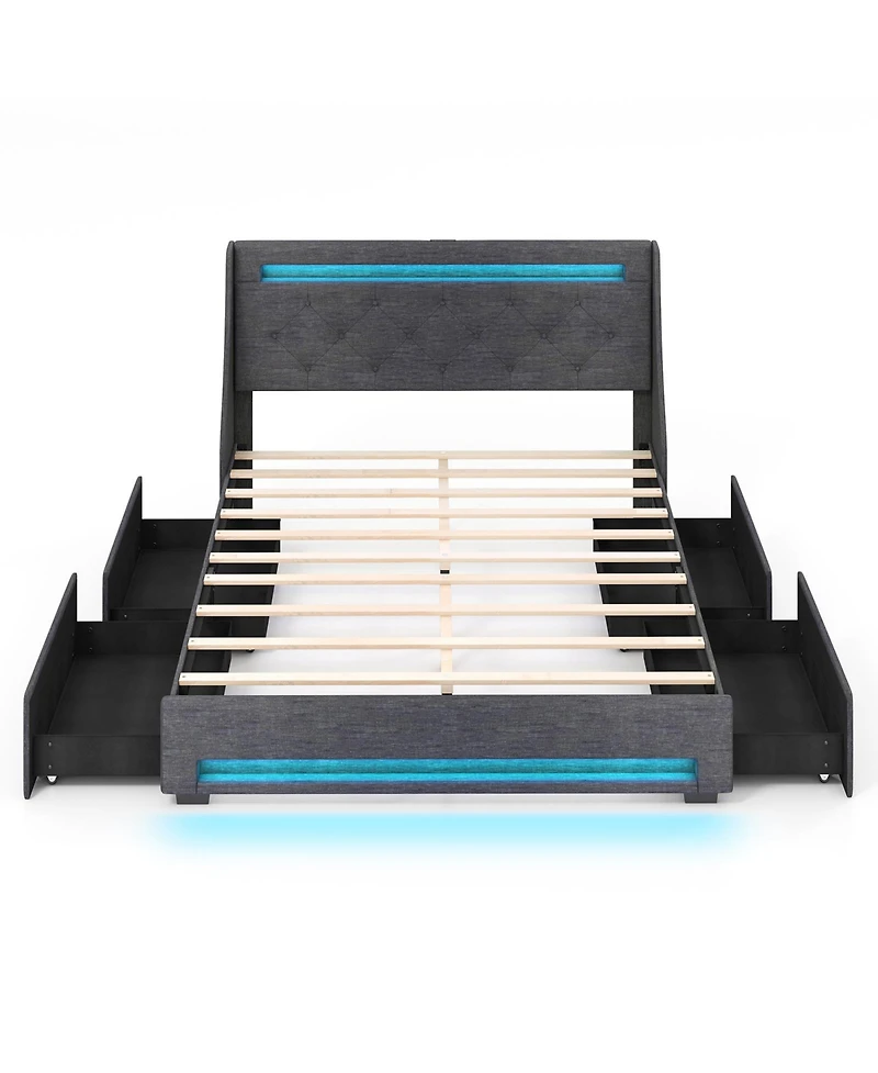 Sugift Queen Size Upholstered Platform Bed Frame with Led Lights and Charging Station