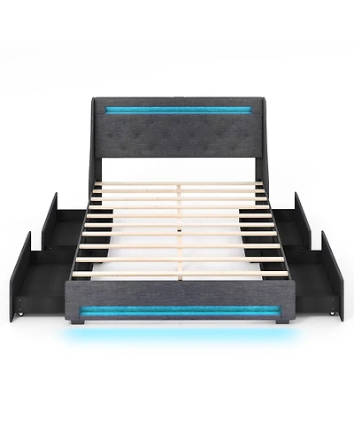 Sugift Queen Size Upholstered Platform Bed Frame with Led Lights and Charging Station