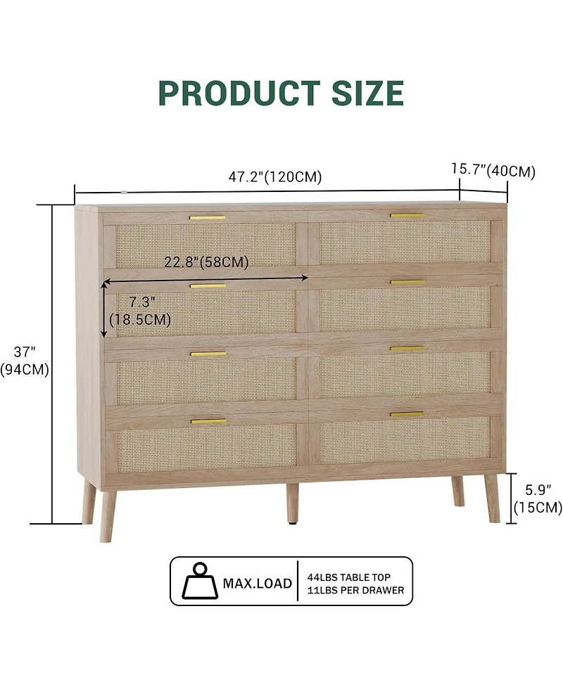 gaomon 8 Drawer Dresser, Rattan Dresser for Bedroom with 5 Strong Legs, Farmhouse Wood Chest of Drawer with Golden Handles for Living Room