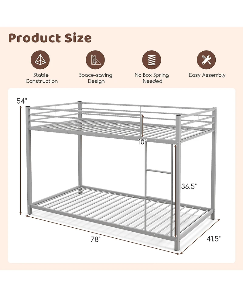 Gymax Twin Over Low Metal Bunk Bed with Ladder Guardrails for Teens Adults