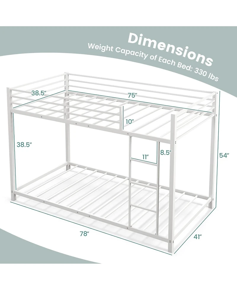 Gymax Twin Over Low Metal Bunk Bed with Ladder Guardrails for Teens Adults
