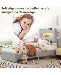 gaomon Led Bed Frame with 2-Tier Storage Headboard, Upholstered Platform Charging Station and Drawer, Metal Support, No Box Spring Needed