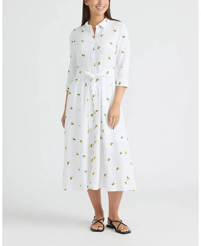 Ellen Tracy Women's Linen Belted Shirt Dress with Embroidery Detail