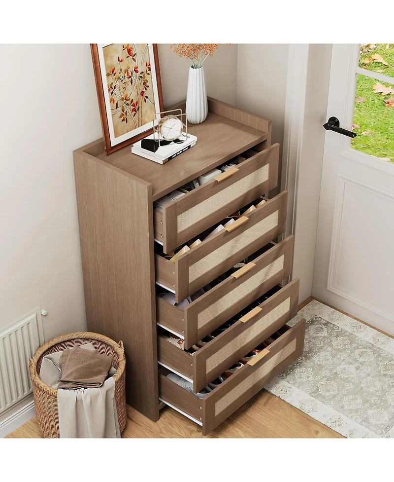 gaomon Rattan 5 Drawers Dresser for Bedroom, Chest of 46 Tall Closet, Boho Night Stand Large Clothes Living Room