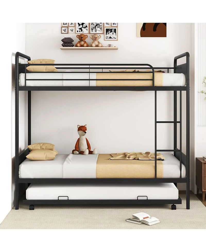 Sugift Twin Over Twin Metal Bunk Bed with Trundle, Ladder & Full Length Guardrails
