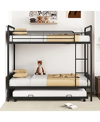 Sugift Twin Over Twin Metal Bunk Bed with Trundle, Ladder & Full Length Guardrails