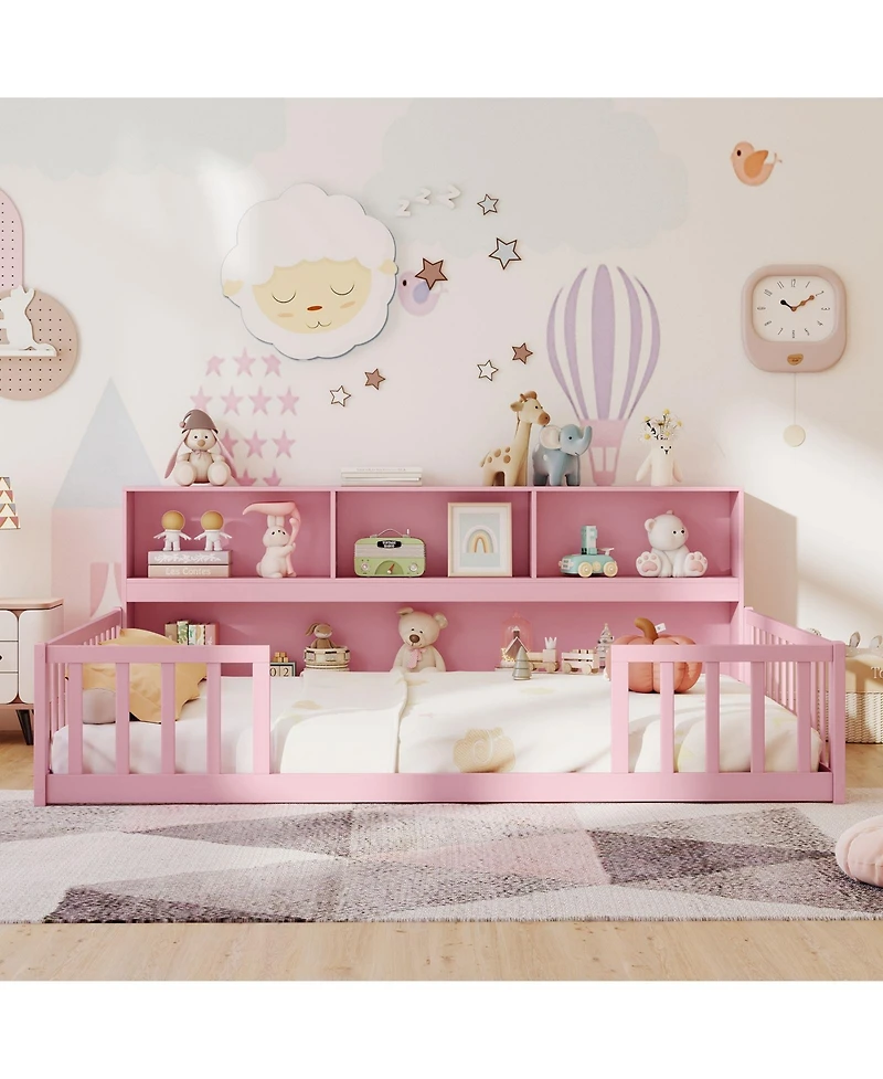 Slickblue Full Kids Floor Bed with Integrated Book Storage