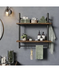 Yigii 24" Floating Wall Shelves 2 Tier Industrial Coffee Bar With 8 Hooks Towel Bar