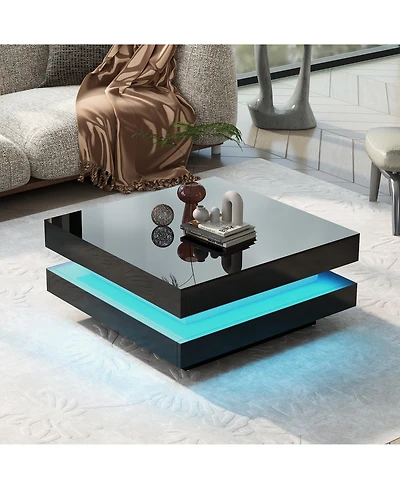 Rainsken 2-Tier Square Coffee Table, Modern High Gloss Led Center Table with Storage for Living Room and Home Office