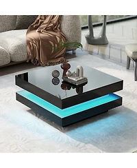 Rainsken 2-Tier Square Coffee Table, Modern High Gloss Led Center Table with Storage for Living Room and Home Office