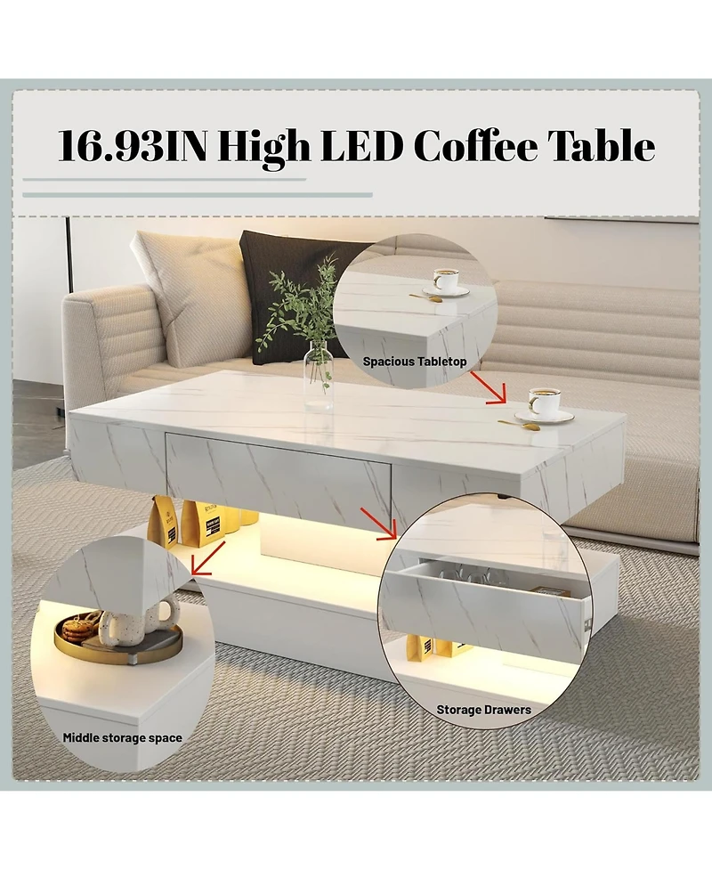 Rainsken Led Coffee Table, Modern Living Room Table, 2-Tier Center Table with Storage Drawer for Home Office, Waiting Area, Reception Room