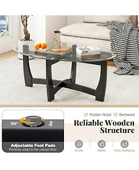 Sugift Oval Coffee Table with Tempered Glass Tabletop and Rubber Wood Legs